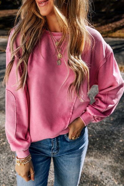 Exposed Seam Round Neck Long Sleeve Sweatshirt |1mrk.com