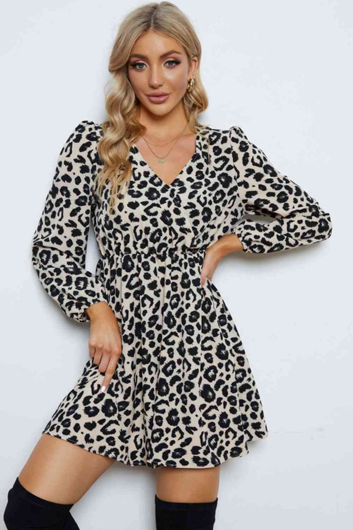 Leopard V-Neck Balloon Sleeve Dress |1mrk.com