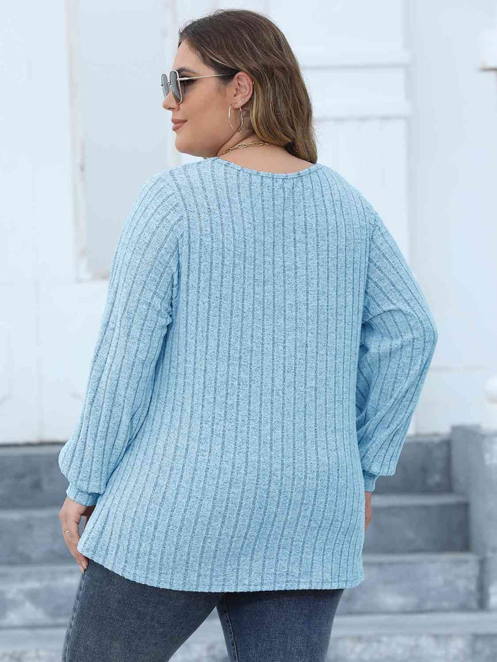 Plus Size Ribbed V-Neck Long Sleeve Top | 1mrk.com