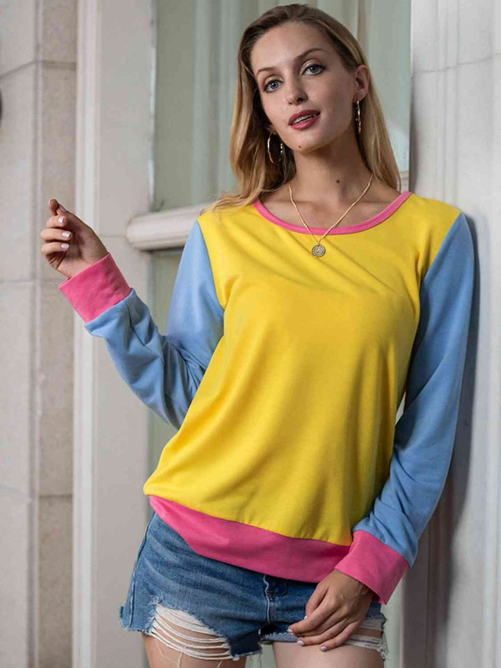 Contrast Round Neck Long Sleeve Top | 1mrk.com