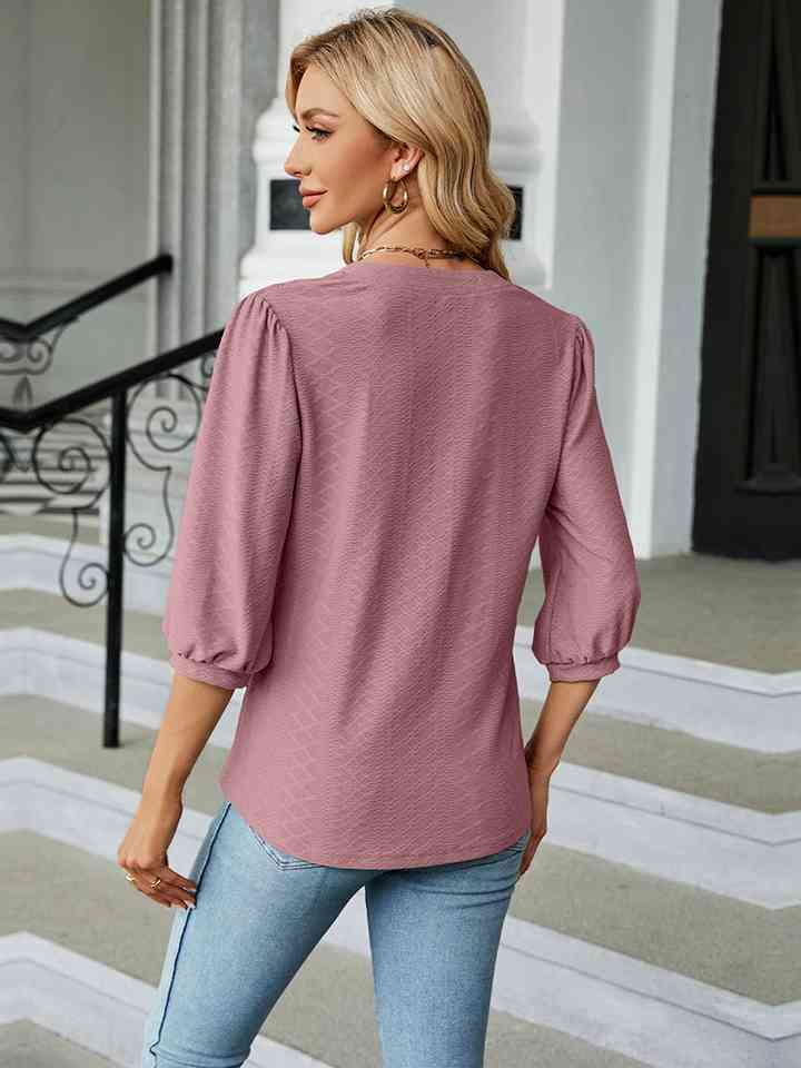 Notched Neck Three-Quarter Sleeve Blouse | 1mrk.com