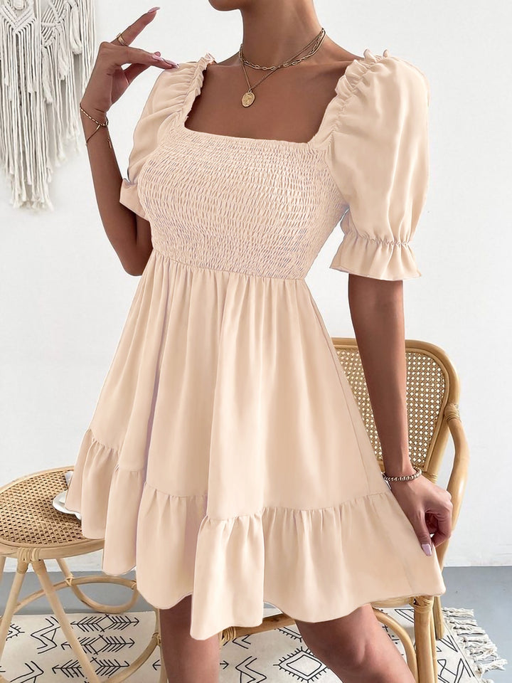 Smocked Square Neck Short Sleeve Dress | Trendsi