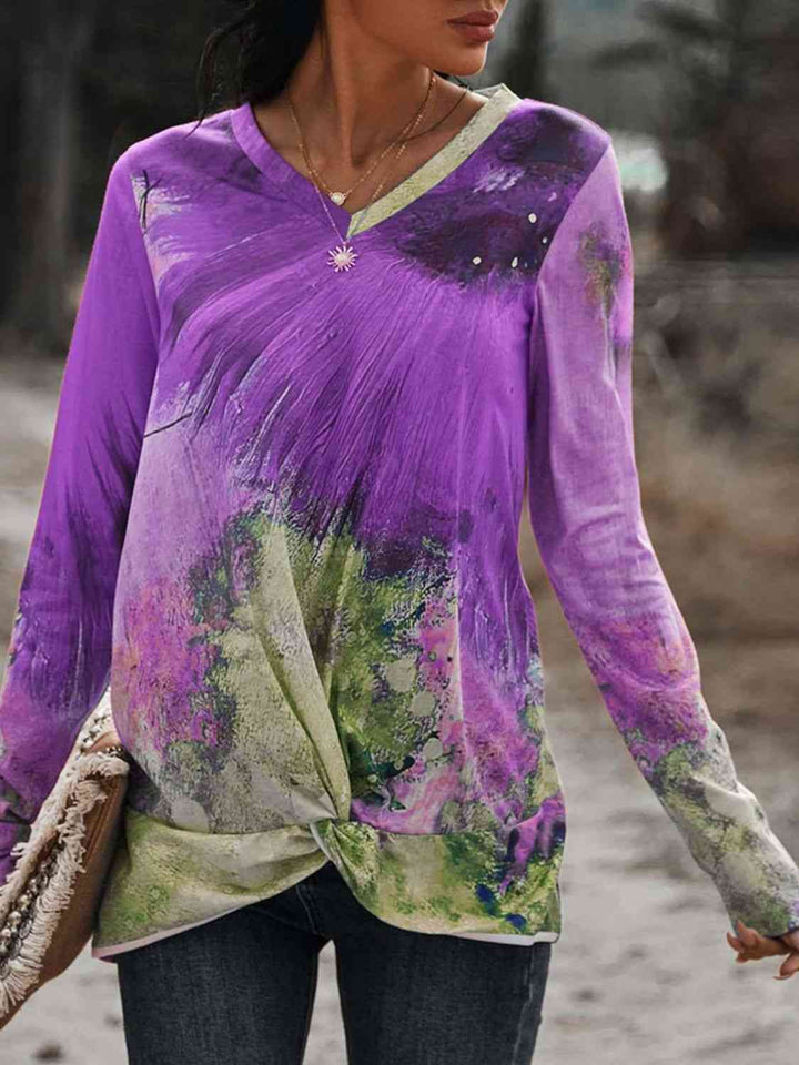 Twisted Multicolor V-Neck Long Sleeve Tee | 1mrk.com