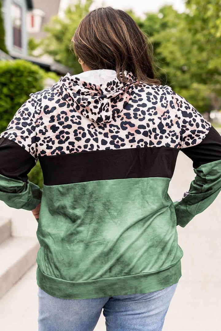 Plus Size Leopard Print Color Block Hoodie with Kangaroo Pocket | 1mrk.com