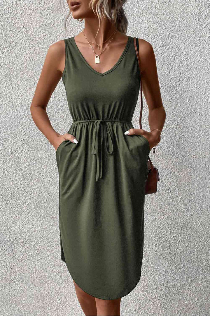 V-Neck Curved Hem Sleeveless Dress |1mrk.com