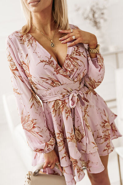 Printed Surplice Balloon Sleeve Mini Dress |1mrk.com