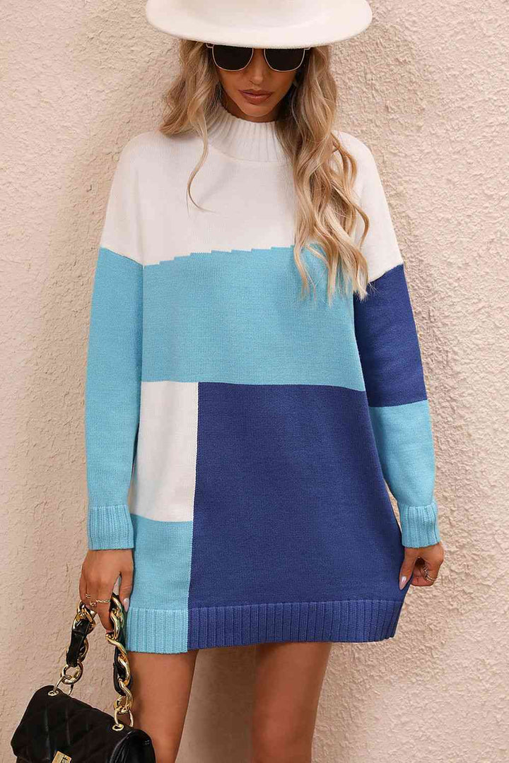 Color Block Mock Neck Dropped Shoulder Sweater Dress | 1mrk.com