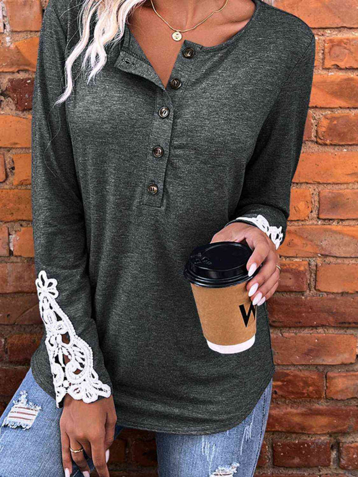 Spliced Lace Half Button Long Sleeve T-Shirt | 1mrk.com