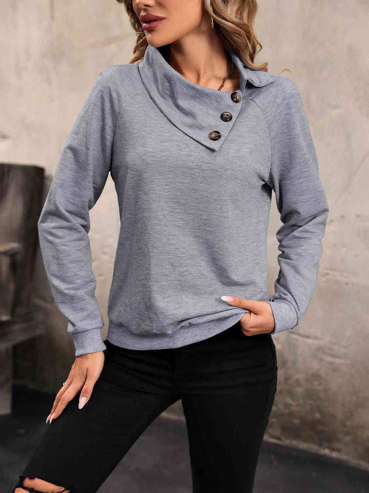 Mock Neck Raglan Sleeve Buttoned Sweatshirt |1mrk.com