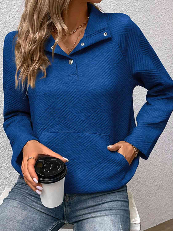 Half Buttoned Collared Neck Sweatshirt with Pocket |1mrk.com