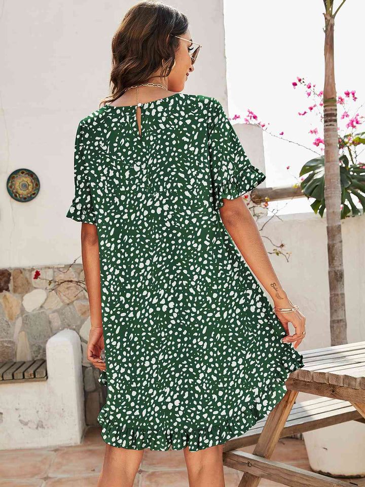 Printed Flounce Sleeve Ruffle Hem Dress |1mrk.com