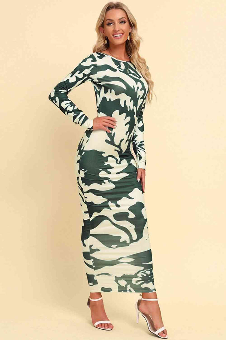 Printed Backless Long Sleeve Maxi Dress |1mrk.com