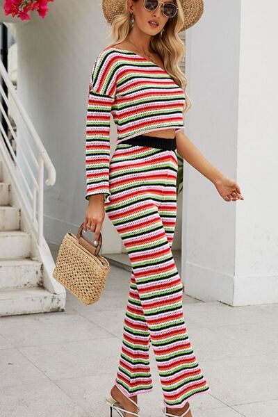 Striped Single Shoulder Top and Pants Knit Set | Trendsi