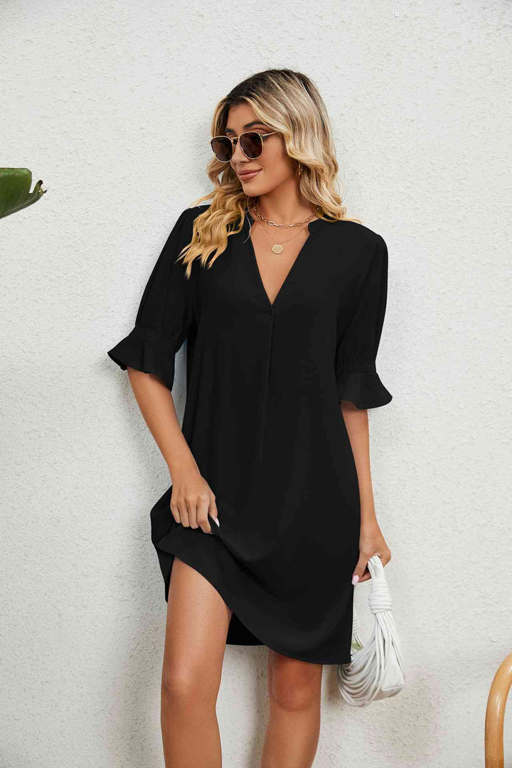 Notched Neck Flounce Sleeve Dress |1mrk.com