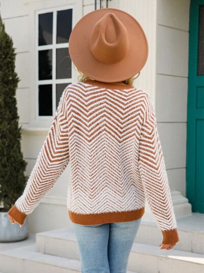 Striped Round Neck Dropped Shoulder Sweater |1mrk.com