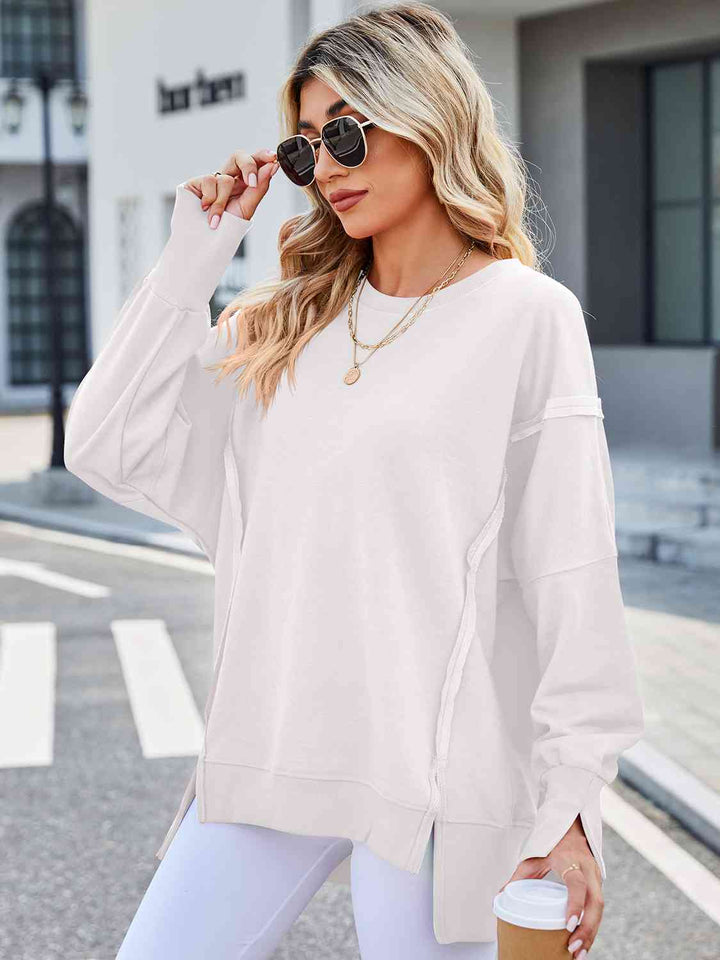 Exposed Seam High-Low Round Neck Sweatshirt |1mrk.com