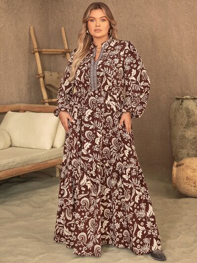 Plus Size Notched Balloon Sleeve Printed Maxi Dress |1mrk.com