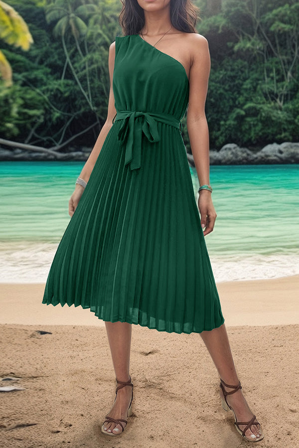 Pleated Single Shoulder Tie Waist Midi Dress | Trendsi