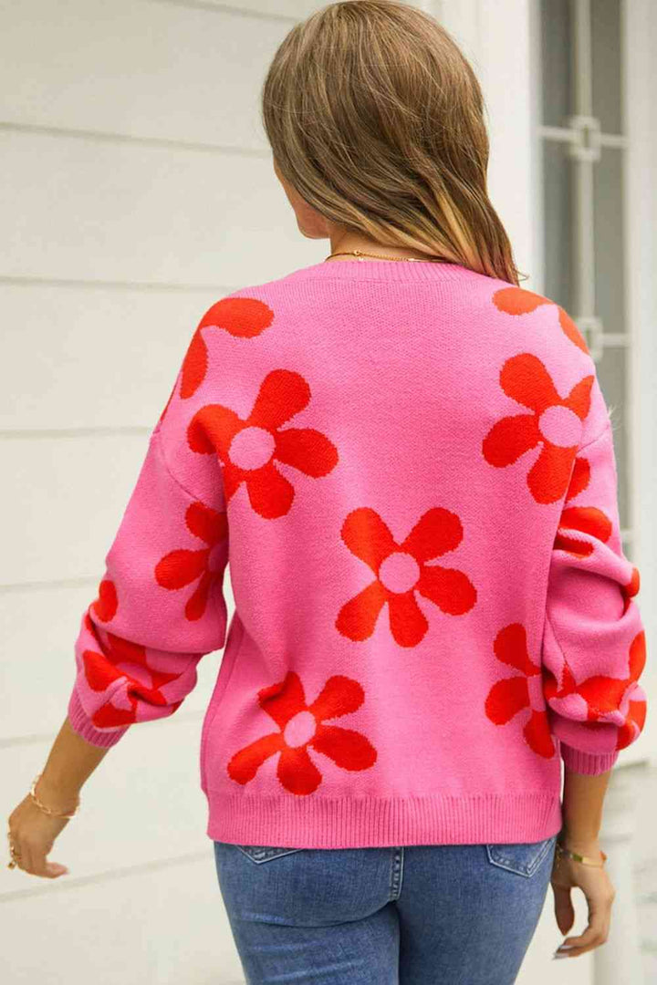 Floral Print Round Neck Dropped Shoulder Pullover Sweater |1mrk.com