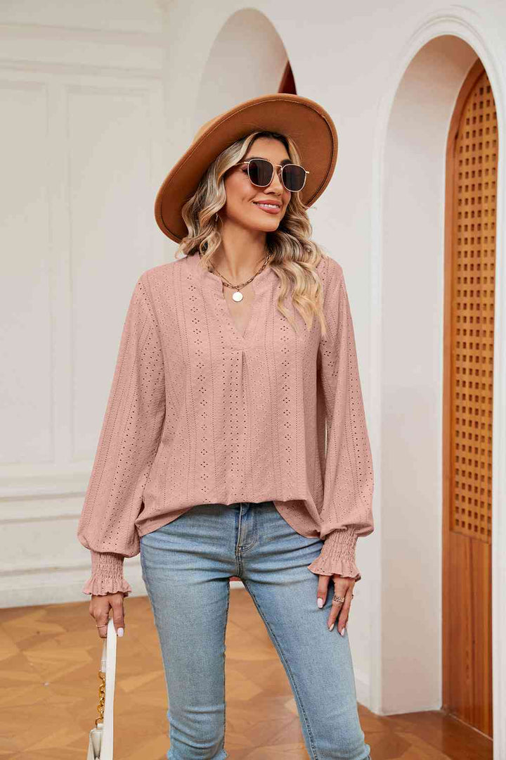 Notched Neck Flounce Sleeve Blouse | 1mrk.com