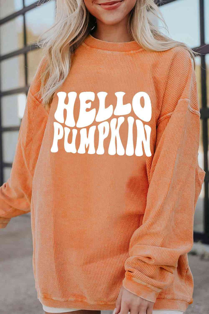 Round Neck Dropped Shoulder HELLO PUMPKIN Graphic Sweatshirt |1mrk.com