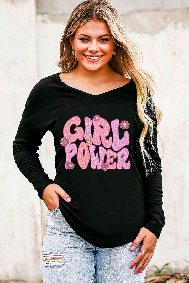 GIRL POWER Leopard Graphic V-Neck Top | 1mrk.com