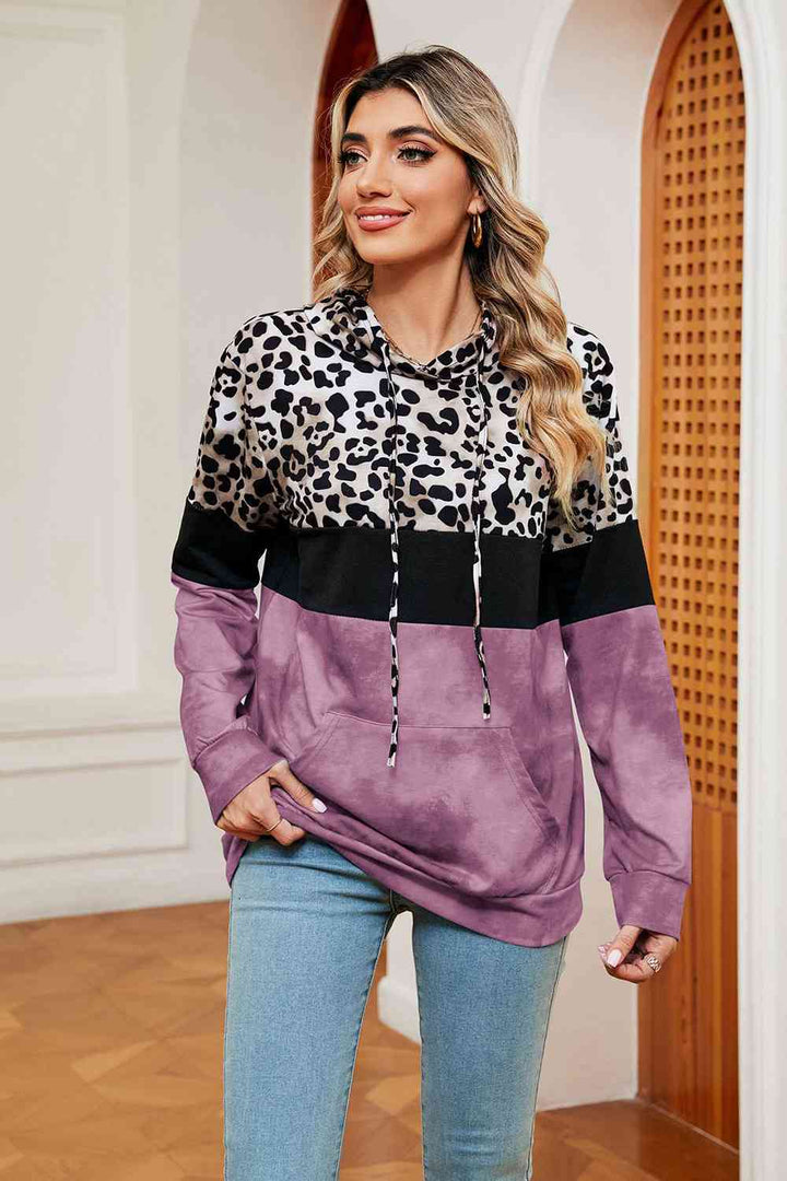 Leopard Drawstring Hoodie with Pocket |1mrk.com