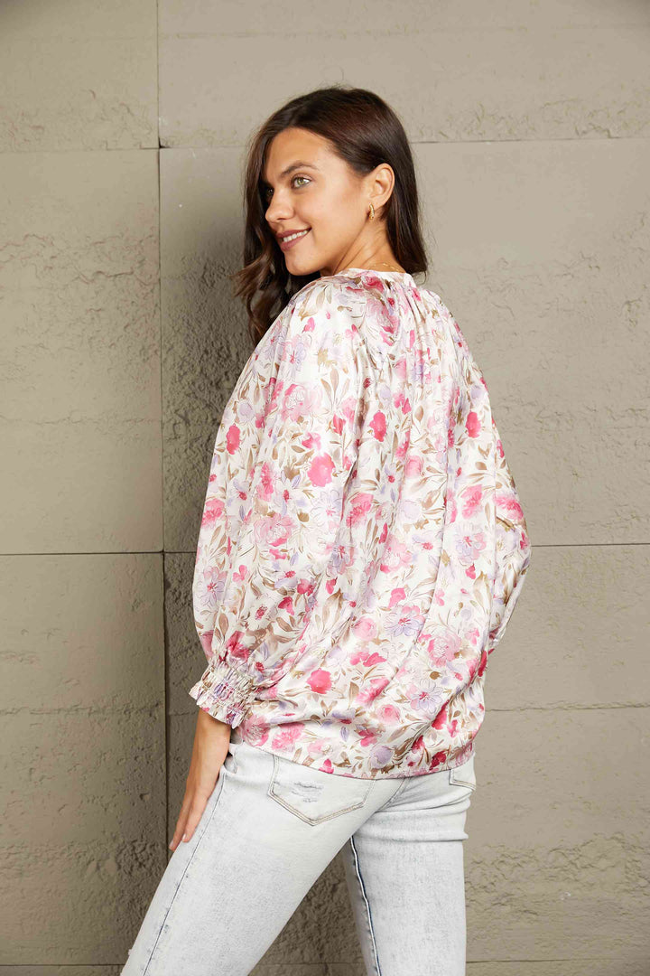 Double Take Floral V-Neck Long Sleeve Shirt |1mrk.com