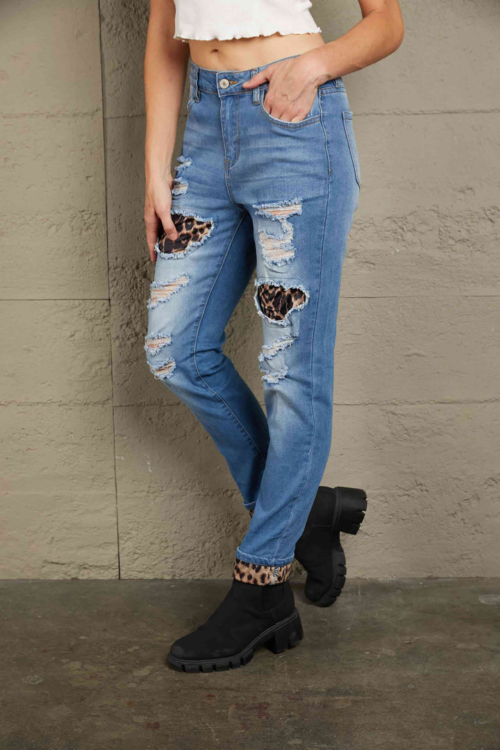 Baeful Leopard Patchwork Distressed Jeans | 1mrk.com
