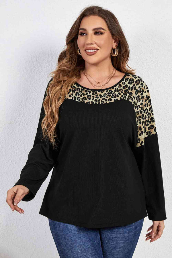 Melo Apparel Plus Size Leopard Trim Round Neck Long Sleeve Tee | 1mrk.com