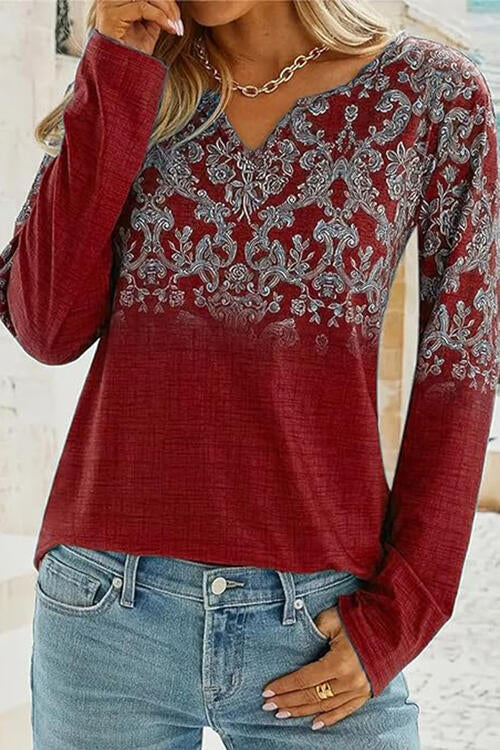 Printed Notched Long Sleeve T-Shirt | 1mrk.com