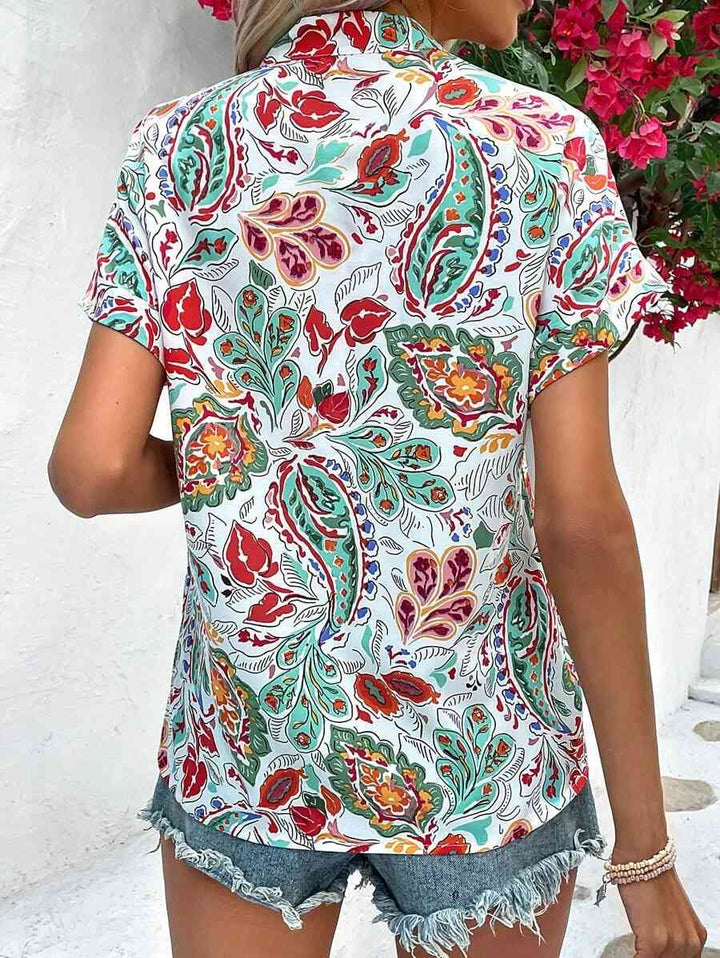 Printed Notched Neck Short Sleeve Blouse | 1mrk.com