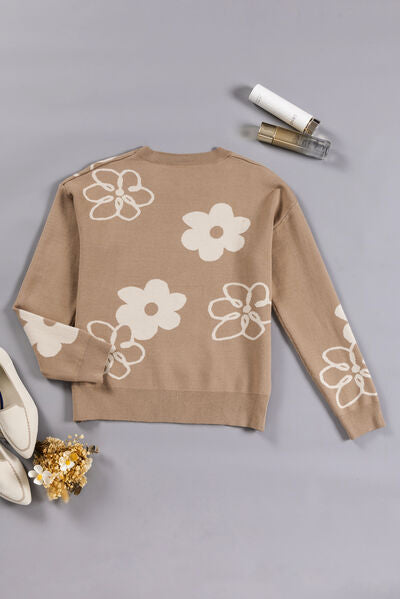 Flower Round Neck Dropped Shoulder Sweater |1mrk.com