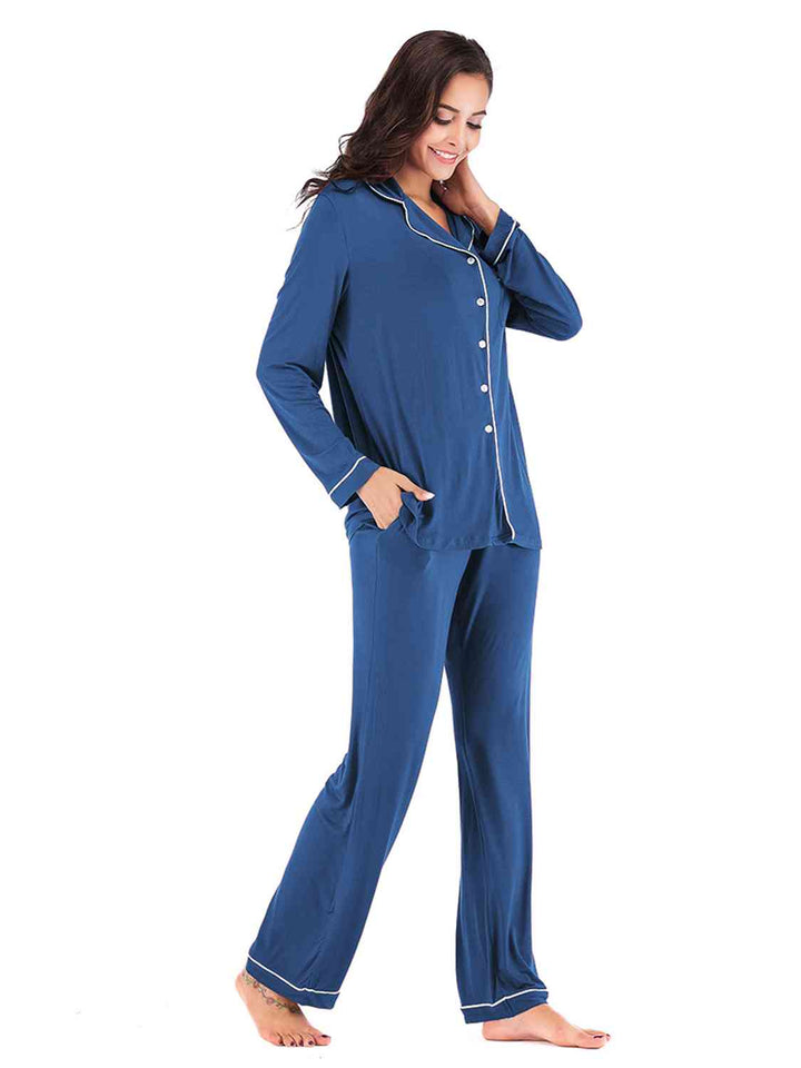 Collared Neck Long Sleeve Loungewear Set with Pockets | 1mrk.com