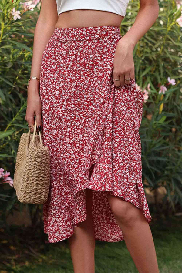Ditsy Floral Asymmetrical Ruffled Skirt |1mrk.com