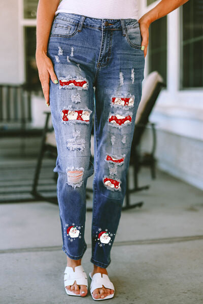 Santa Graphic Distressed Jeans with Pockets | 1mrk.com