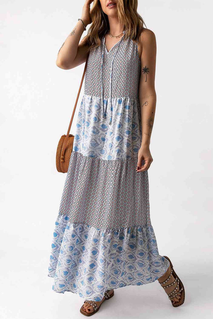 Mixed Print Tie-Neck Sleeveless Maxi Dress |1mrk.com