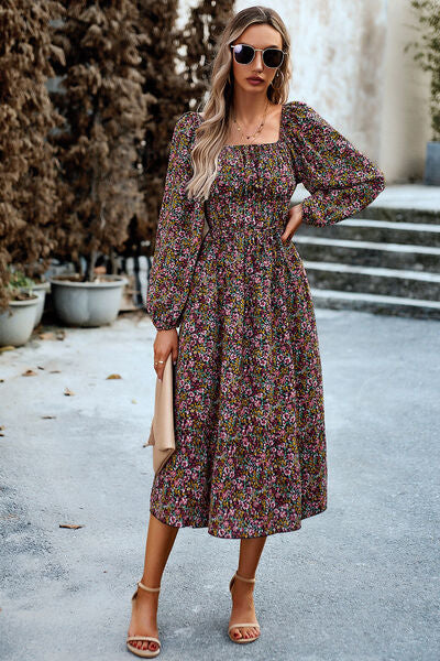 Printed Balloon Sleeve Pocketed Midi Dress |1mrk.com