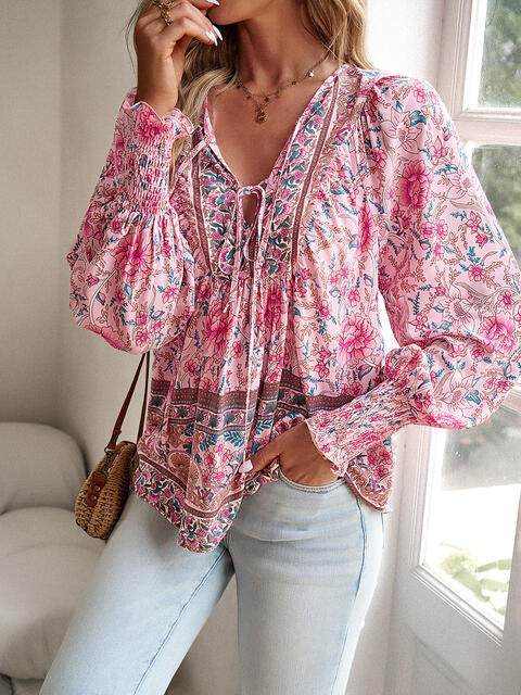 Bohemian Tie Neck Lantern Sleeve Blouse | 1mrk.com