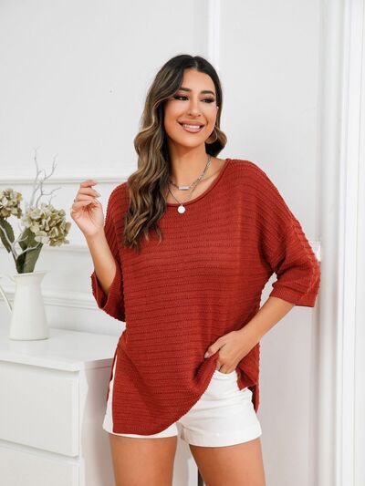 Rolled Round Neck Dropped Shoulder Slit Sweater |1mrk.com