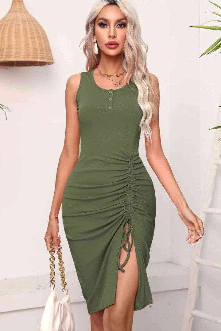 Drawstring Ruched Slit Sleeveless Dress |1mrk.com