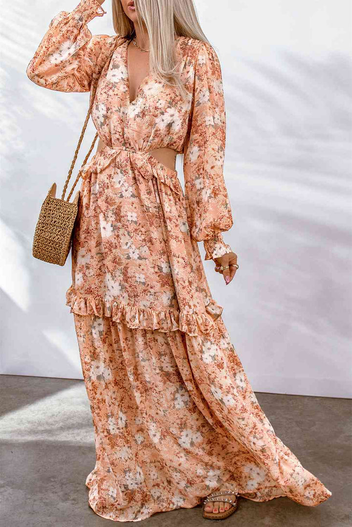 Floral Cutout Frill Trim Flounce Sleeve Dress |1mrk.com