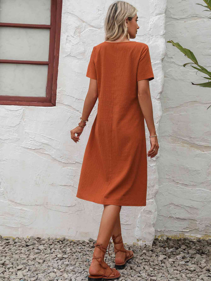 Round Neck Short Sleeve Dress with Pockets |1mrk.com