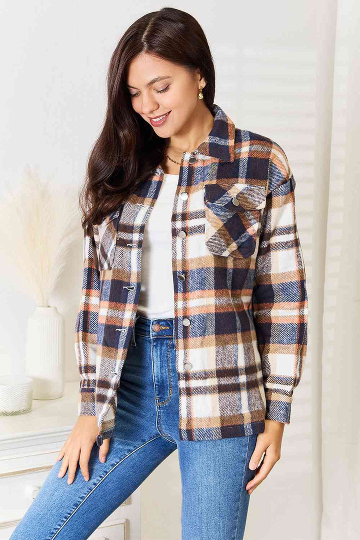 Double Take Plaid Button Front Shirt Jacket with Breast Pockets |1mrk.com