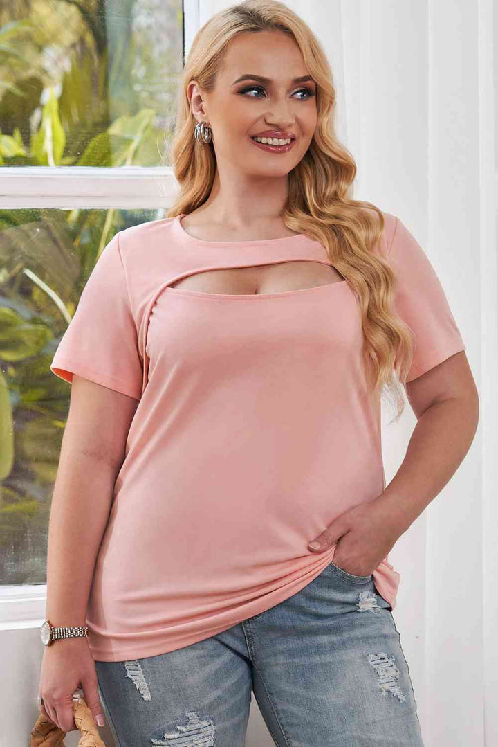 Plus Size Cutout Round Neck Short Sleeve Tee | 1mrk.com