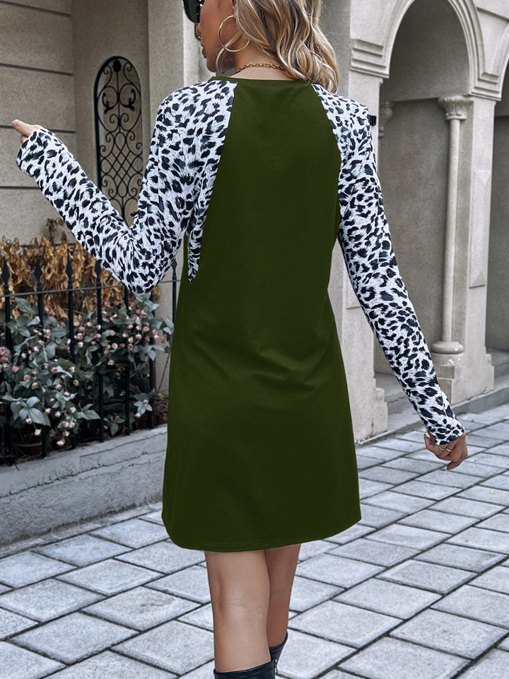 Leopard Round Neck Long Sleeve Dress | Trendsi