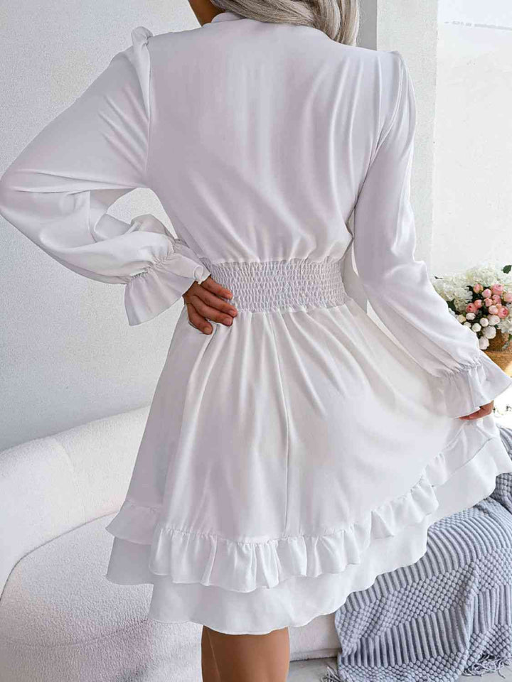 Tie Front Smocked Waist Flounce Sleeve Dress |1mrk.com