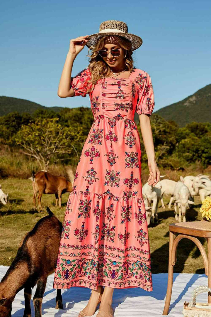 Floral Ruched Puff Sleeve Tiered Maxi Dress | 1mrk.com