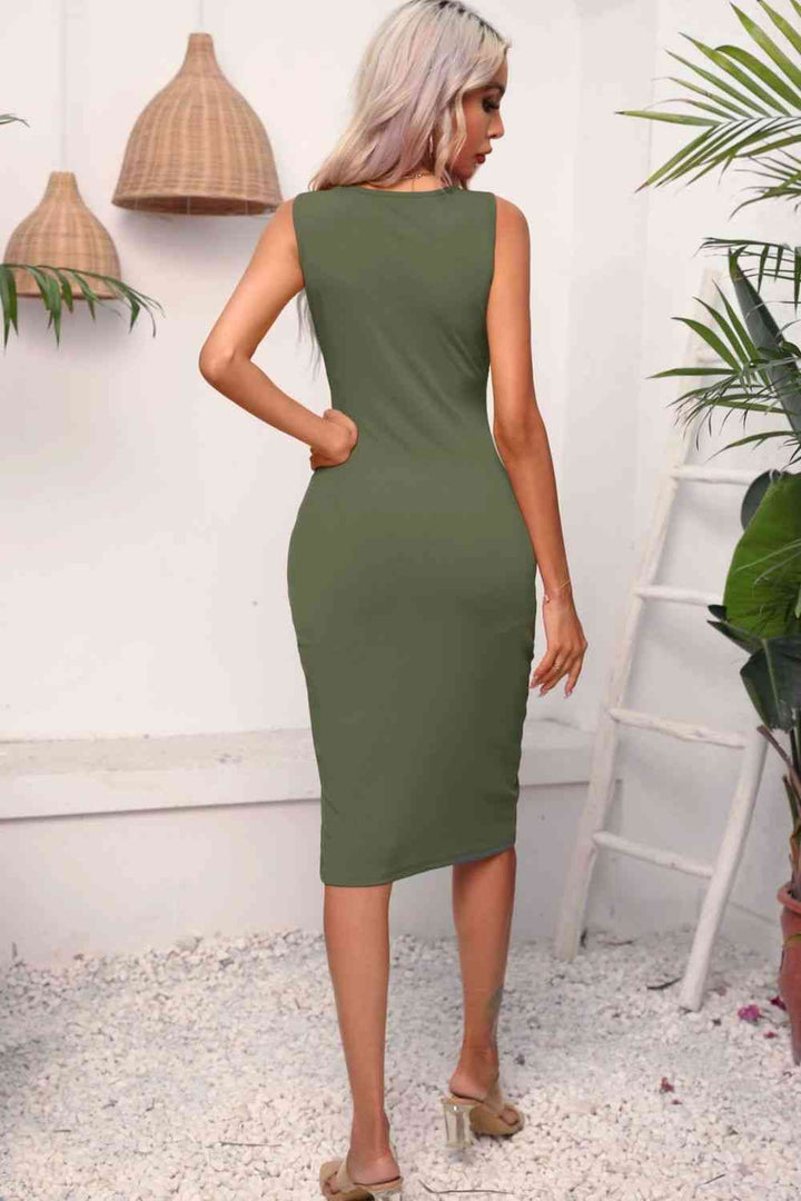 Drawstring Ruched Slit Sleeveless Dress |1mrk.com