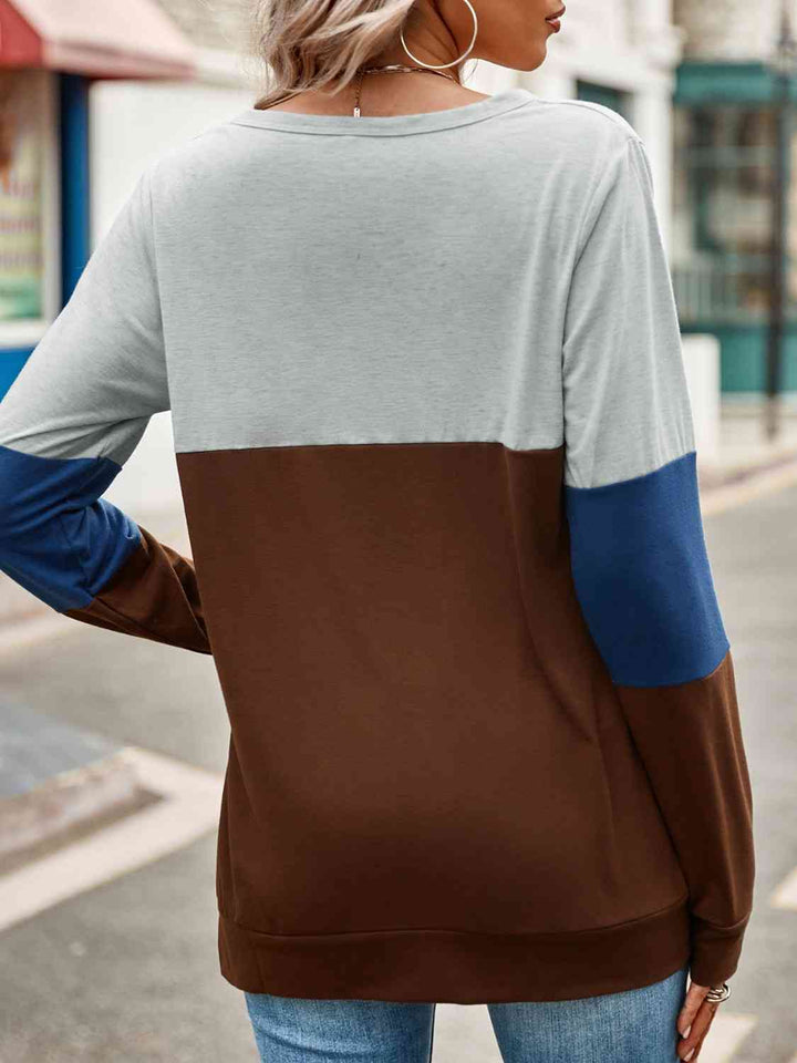 Color Block Cutout Round Neck Long Sleeve T-Shirt | 1mrk.com